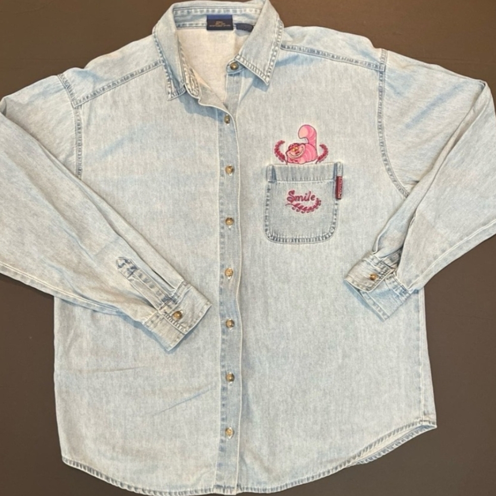 Cheshire Cat Denim Shirt 90s Disney Classics Alice in Wonderland Sz L - Picture 4 of 12
